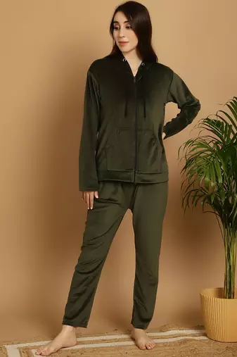 Women Solid Olive Velvet Night Suit Set