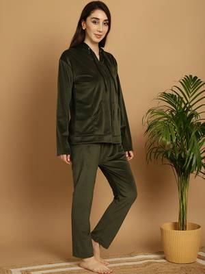 Women Solid Olive Velvet Night Suit Set 4