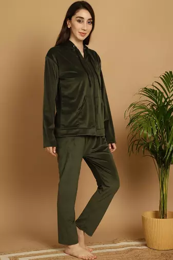 Women Solid Olive Velvet Night Suit Set