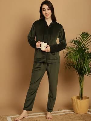 Women Solid Olive Velvet Night Suit Set 5