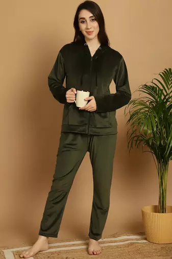 Women Solid Olive Velvet Night Suit Set