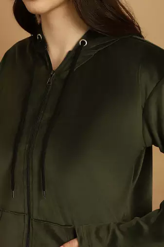 Women Solid Olive Velvet Night Suit Set