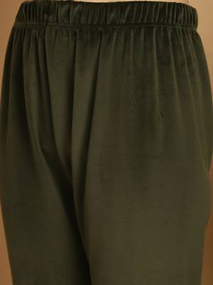 Women Solid Olive Velvet Night Suit Set 7