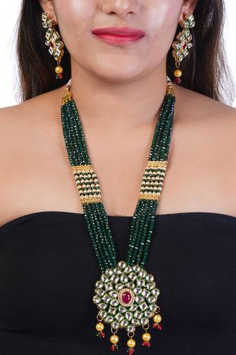 Green brass meenakari beaded kundan necklace set with earrings