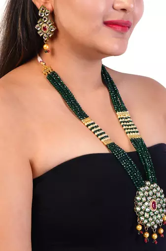 Green brass meenakari beaded kundan necklace set with earrings