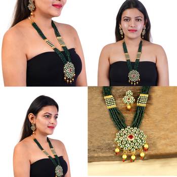 Green brass meenakari beaded kundan necklace set with earrings 4