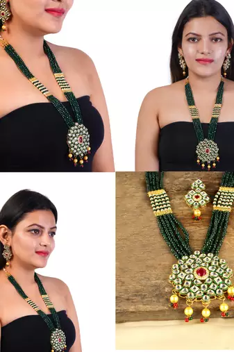 Green brass meenakari beaded kundan necklace set with earrings