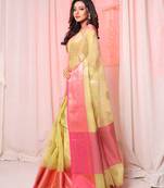 Lime Green Organza Saree With Pink Border And Pallu