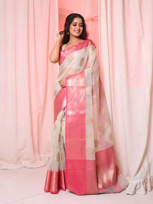 Froast White Organza saree with Pink border and pallu 1