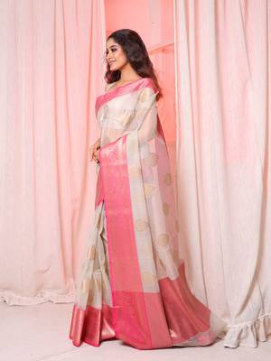 Froast White Organza saree with Pink border and pallu 2