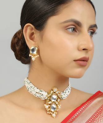 Pearl beaded kundan choker necklace set 1
