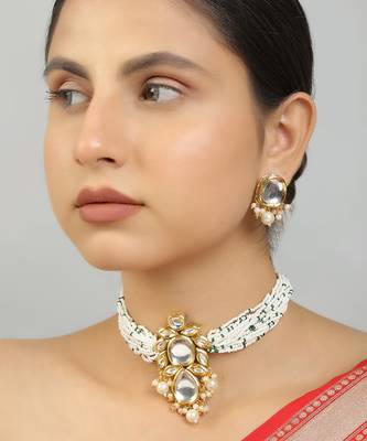 Pearl beaded kundan choker necklace set 2