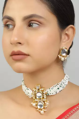 Pearl beaded kundan choker necklace set
