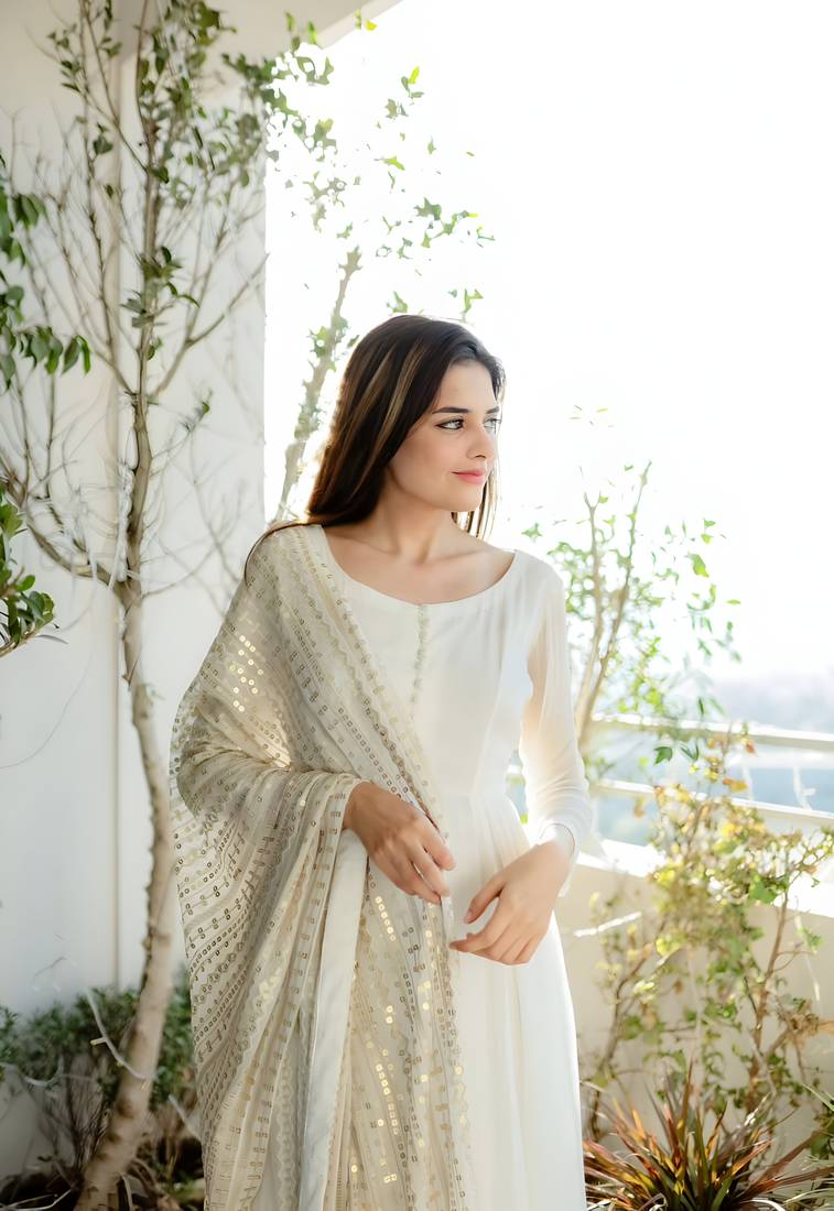 Trendmalls  Off White Georgette Embroidered  Party Wear, Festive Gown with Dupatta Full Stitched