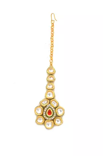 Red gold tone kundan maang tikka