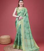 Green Handloom Silk Self Design With Golden Border Saree For Women With Blouse Piece