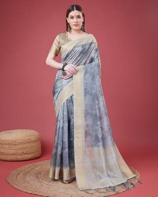 Grey Handloom Silk Self Design With Golden Border Saree For Women With Blouse Piece 1