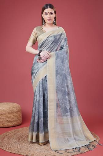 Grey Handloom Silk Self Design With Golden Border Saree For Women With Blouse Piece