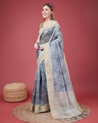 Grey Handloom Silk Self Design With Golden Border Saree For Women With Blouse Piece 2