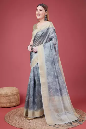 Grey Handloom Silk Self Design With Golden Border Saree For Women With Blouse Piece