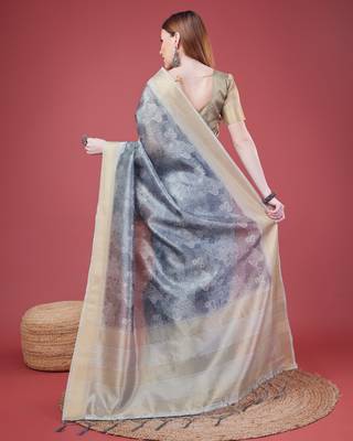 Grey Handloom Silk Self Design With Golden Border Saree For Women With Blouse Piece 3