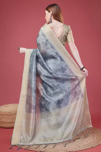 Grey Handloom Silk Self Design With Golden Border Saree For Women With Blouse Piece