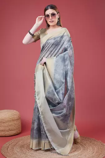 Grey Handloom Silk Self Design With Golden Border Saree For Women With Blouse Piece