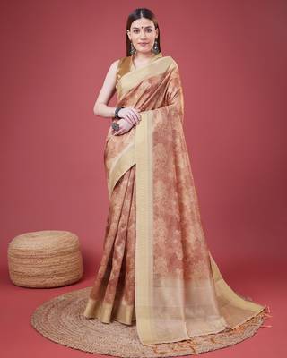 Rust Handloom Silk Self Design With Golden Border Saree For Women With Blouse Piece 1