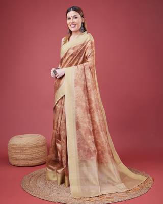 Rust Handloom Silk Self Design With Golden Border Saree For Women With Blouse Piece 2