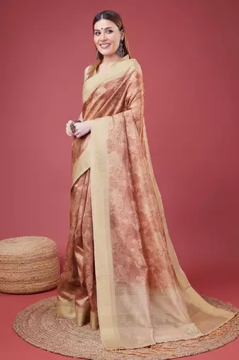 Rust Handloom Silk Self Design With Golden Border Saree For Women With Blouse Piece
