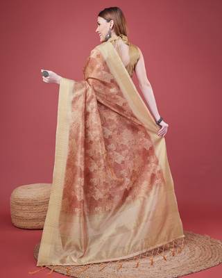 Rust Handloom Silk Self Design With Golden Border Saree For Women With Blouse Piece 3