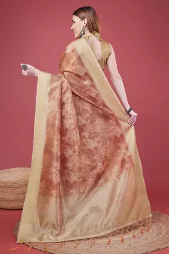 Rust Handloom Silk Self Design With Golden Border Saree For Women With Blouse Piece