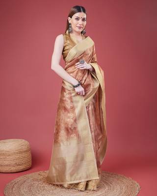 Rust Handloom Silk Self Design With Golden Border Saree For Women With Blouse Piece 4