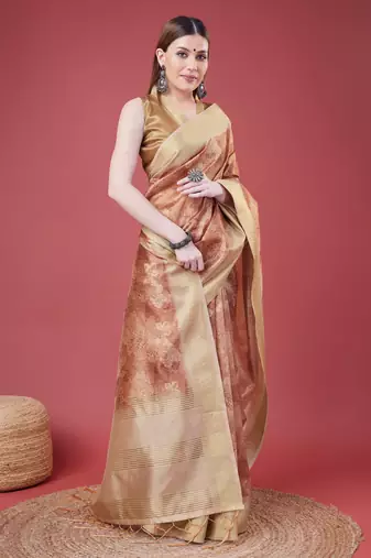Rust Handloom Silk Self Design With Golden Border Saree For Women With Blouse Piece