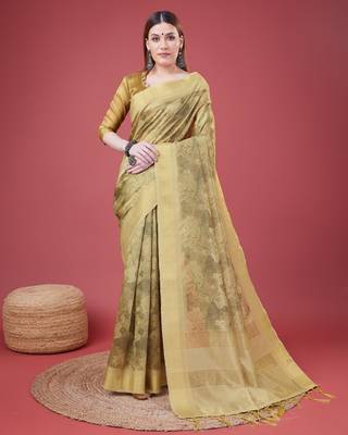 Mehendi Handloom Silk Self Design With Golden Border Saree For Women With Blouse Piece 1