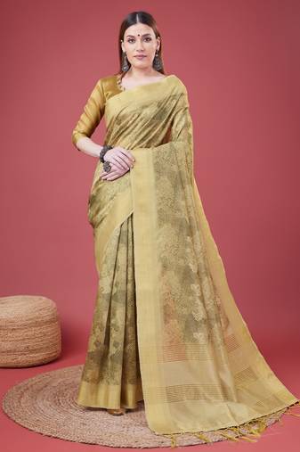 Mehendi Handloom Silk Self Design With Golden Border Saree For Women With Blouse Piece