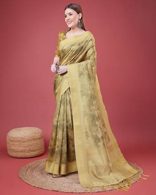 Mehendi Handloom Silk Self Design With Golden Border Saree For Women With Blouse Piece 2