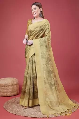 Mehendi Handloom Silk Self Design With Golden Border Saree For Women With Blouse Piece