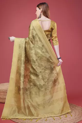 Mehendi Handloom Silk Self Design With Golden Border Saree For Women With Blouse Piece