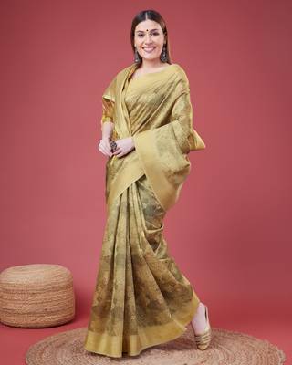 Mehendi Handloom Silk Self Design With Golden Border Saree For Women With Blouse Piece 4