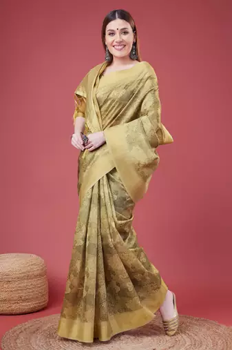 Mehendi Handloom Silk Self Design With Golden Border Saree For Women With Blouse Piece