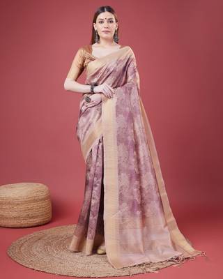 Pink Handloom Silk Self Design With Golden Border Saree For Women With Blouse Piece 1