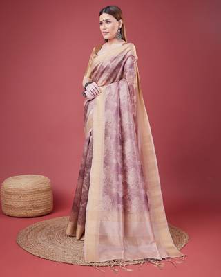 Pink Handloom Silk Self Design With Golden Border Saree For Women With Blouse Piece 2