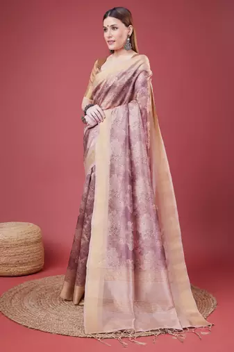 Pink Handloom Silk Self Design With Golden Border Saree For Women With Blouse Piece