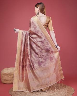 Pink Handloom Silk Self Design With Golden Border Saree For Women With Blouse Piece 3