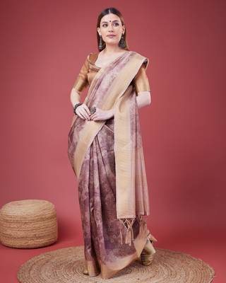 Pink Handloom Silk Self Design With Golden Border Saree For Women With Blouse Piece 4