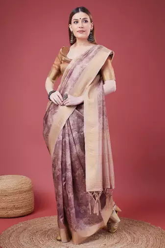 Pink Handloom Silk Self Design With Golden Border Saree For Women With Blouse Piece
