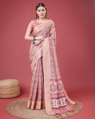 Pink Handloom Silk Self Design With Golden Border Saree For Women With Blouse Piece 1