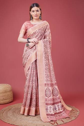 Pink Handloom Silk Self Design With Golden Border Saree For Women With Blouse Piece