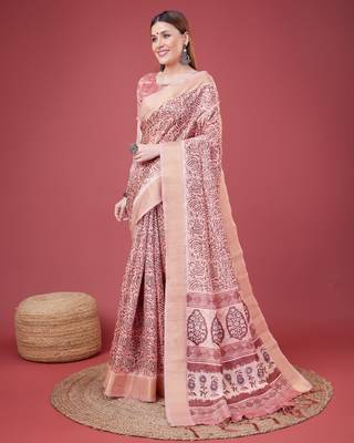 Pink Handloom Silk Self Design With Golden Border Saree For Women With Blouse Piece 2